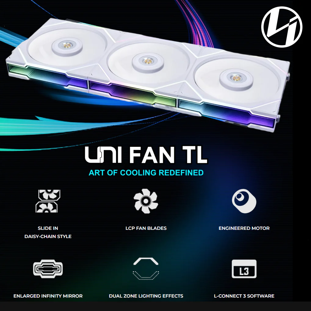 12TL3W-WHITE LIAN LI UNI FAN TL 120 RGB TRIPLE PACK WITH CONTROLLER WHITE Lian Li UNI FAN TL 120 White Triple Pack With Controller, 90.1 CFM, 2600RPM, 28mm Frame, Dual-Zone RGB, Infinity Mirror, LCP Blades, Daisy-Chain, FDB Bearing, L-Connect 3