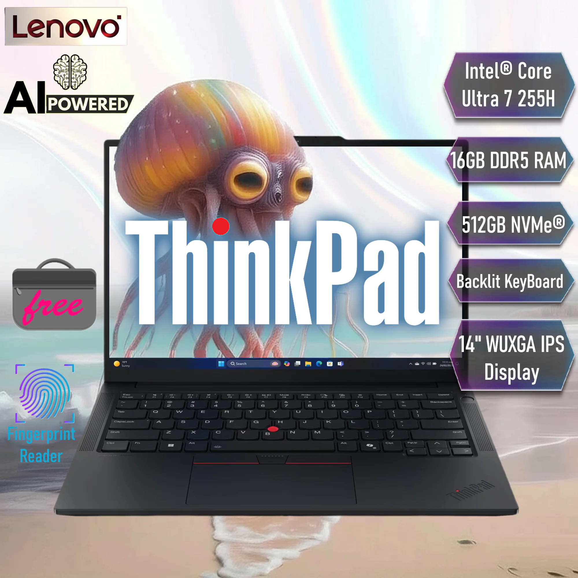 21SX001TGP LENOVO THINKPAD E14 GEN7 ULTRA 7-255H DDR5 16GB / 512GB / 14" WUXGA / DOS +LENOVO CASE LENOVO ThinkPad E14 Gen 7 AI PC Intel® Core™ Ultra 7 255H | 16GB DDR5 RAM ; 512GB NVMe SSD | Intel® Arc™ Graphics | 14" WUXGA IPS Display | DOS | Laptop Bag Incl. |  BLACK ~ 1 YEAR WARRANTY
