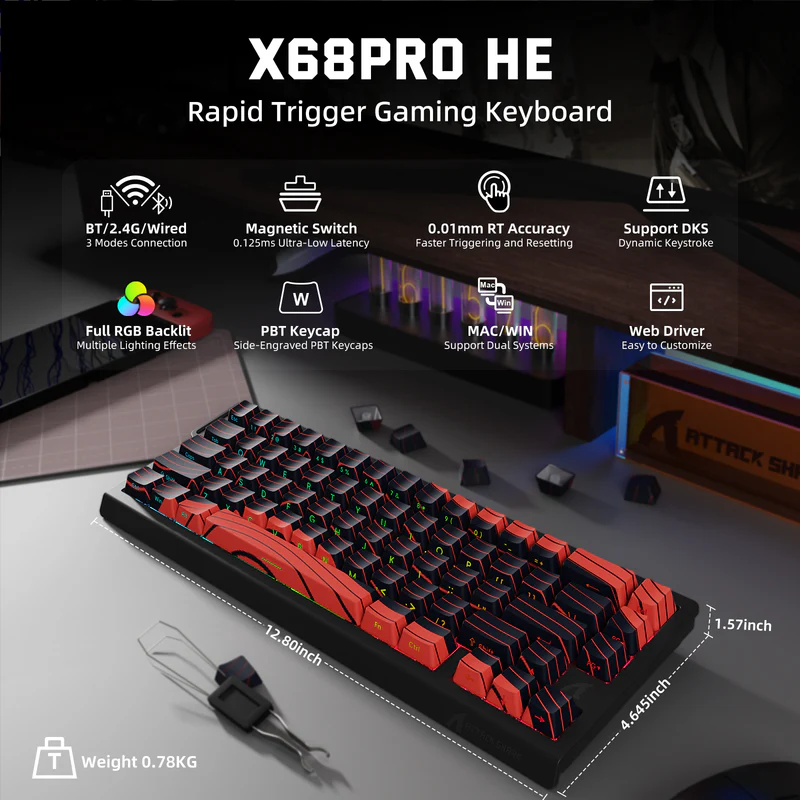 Attack Shark X68 Pro HE Mechanical Keyboard – 68 Keys, Magnetic Switches, Tri-Mode, Rapid Trigger 0.01mm, 8K Polling, Hot-Swap, RGB Backlight, 5000mAh,  Black & Red Contour