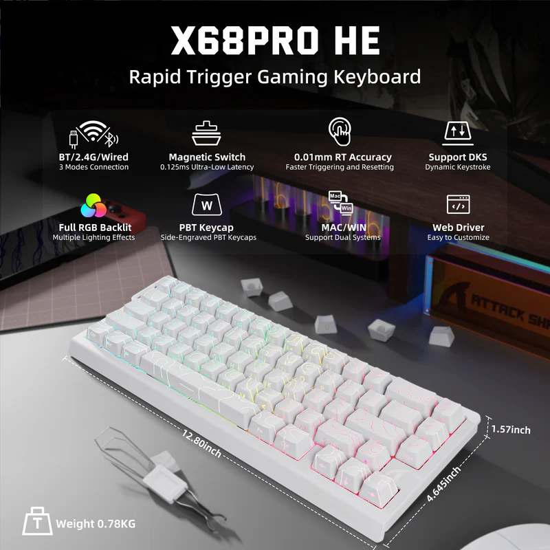 Attack Shark X68 Pro HE Mechanical Keyboard – 68 Keys, Magnetic Switches, Tri-Mode, Rapid Trigger 0.01mm, 8K Polling, Hot-Swap, RGB Backlight, 5000mAh, White