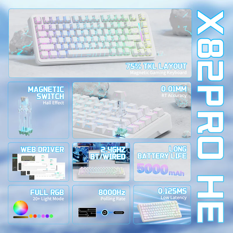 Attack Shark X82 Pro HE White Mechanical Keyboard – 82 Keys, Magnetic Switches, Tri-Mode, RGB, Rapid Trigger 0.01mm, 8000Hz Polling, Hot-Swap, 5000mAh Battery