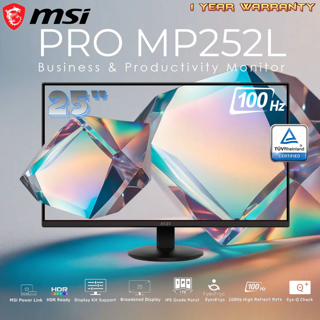 MP252L MSI PRO MP252L 24.5-Inch FHD Business Monitor – IPS Panel, 100Hz Refresh Rate 1ms (MPRT) / 4ms (GTG), Eye Care Tech, HDR Ready, Frameless Design, HDMI & DP Ports, Tilt-Adjustable Stand, Display Kit | BLACK