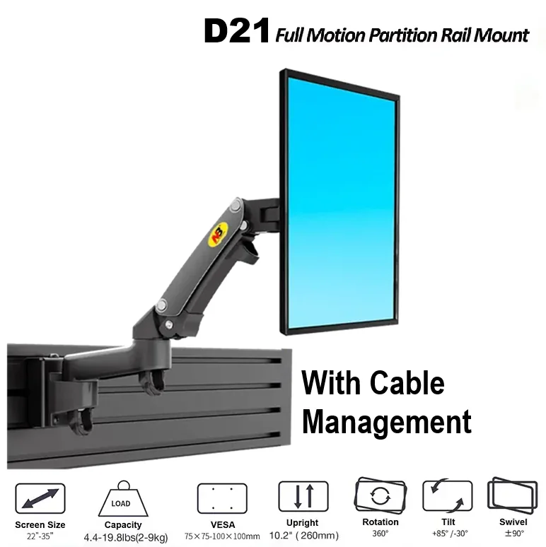 NB D21 Monitor Wall Mount Arm – 22"–35" Screen Support, 9kg Load, 360° Rotation, ±180° Swivel, +85°/-30° Tilt, VESA 75/100mm, Retractable 530mm, ABS & Aluminum Build North Bayou D21 22" 35" Monitor Stand | D21