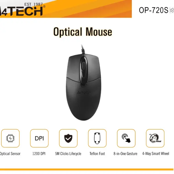 A4TECH OP-720S Wired Optical Mouse – Silent Click, 1200 DPI, 4-Way Dust-Resistant Wheel, USB/PS2, Ergonomic Symmetric Design, Plug & Play, 5M Click Lifespan