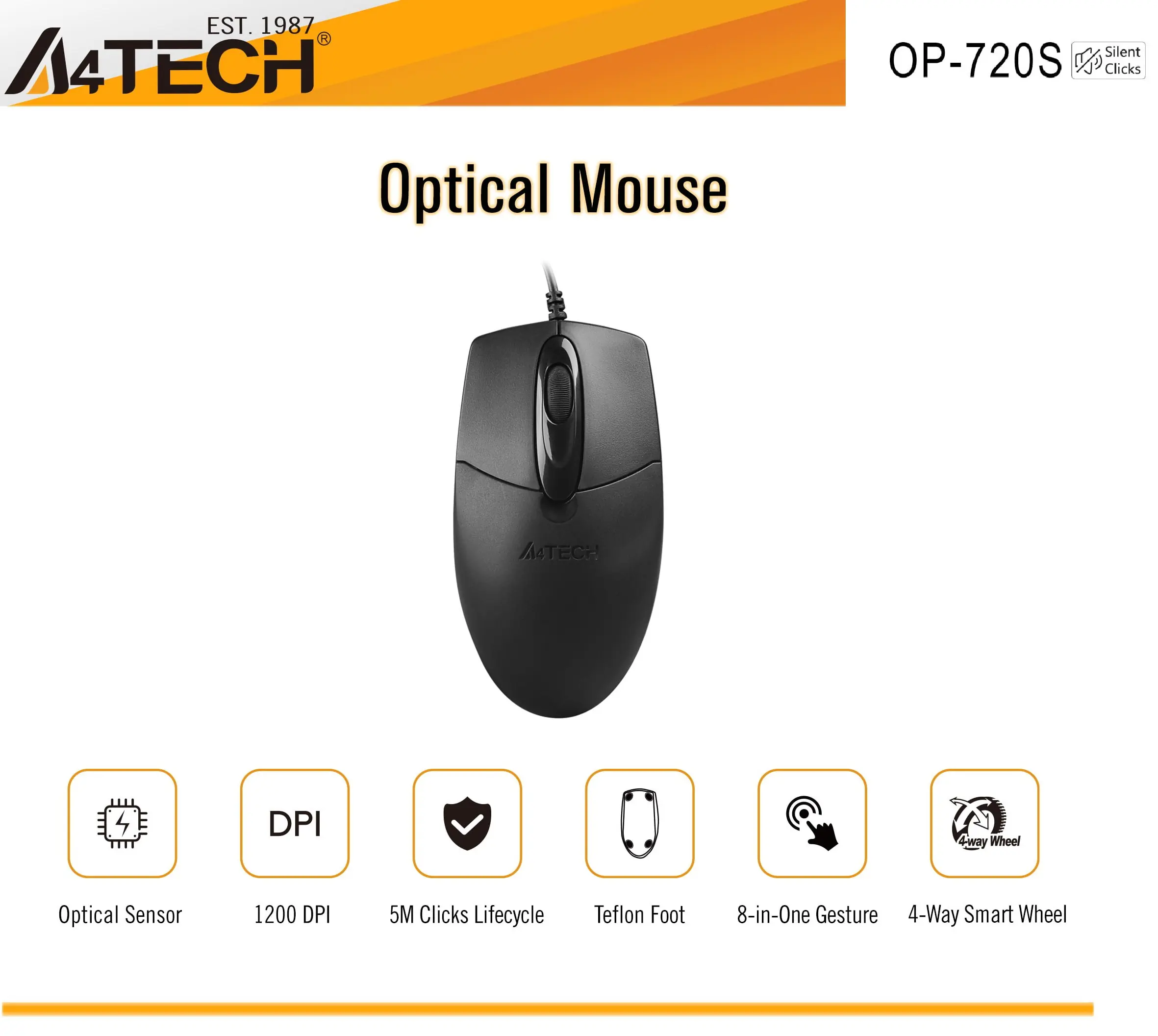 A4TECH OP-720S Wired Optical Mouse – Silent Click, 1200 DPI, 4-Way Dust-Resistant Wheel, USB/PS2, Ergonomic Symmetric Design, Plug & Play, 5M Click Lifespan