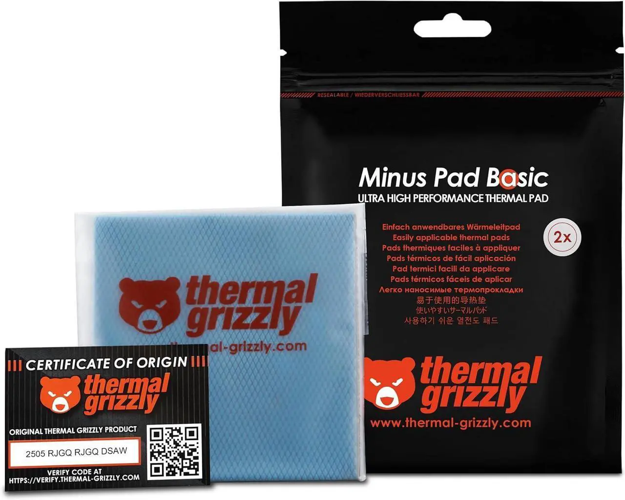 Thermal Grizzly Minus Pad Basic 2-Pack | 100x100x1.0mm | High Performance Thermal Pad for SSDs, GPUs & Electronics