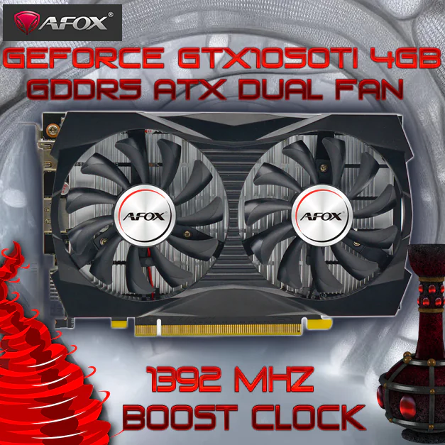 AFOX Geforce GTX1050Ti 4GB GDDR5 ATX Dual Fan AFOX-1050TI-4GB AFOX VGA GTX 1050TI 4GB NEW HDMI DVI DP | USEDÂ AFOX GeForce GTX 1050 Ti 4GB GDDR5 Graphics Card With Dual Scythe Fans, 768 CUDA, PCIe 3.0, 4K@60Hz, HDMI/DP/DVI, ATX Form Factor & Low-Noise Cooling | USEDÂ