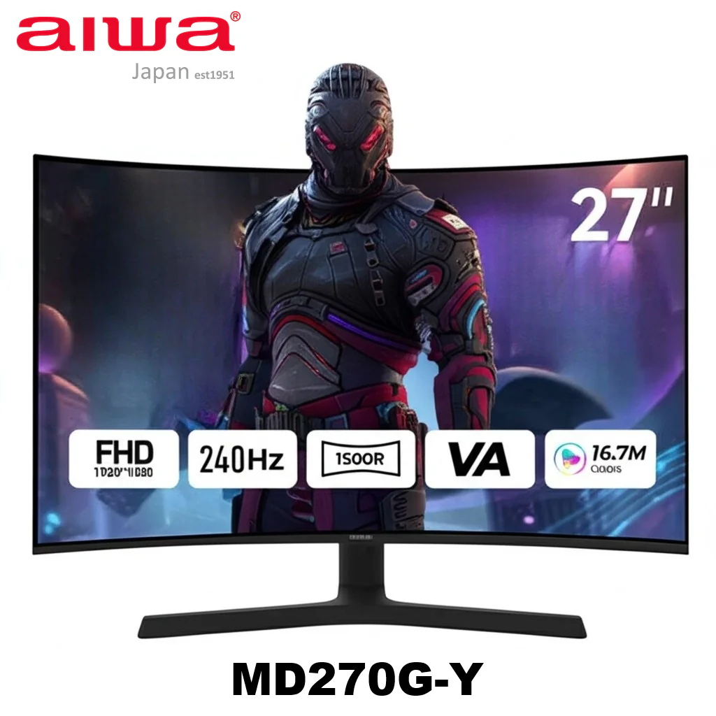 MD270G-Y AIWA MONITOR 27" 1920*1080 240HZ BLACK WLED BACKLIGHT Aiwa  27-Inch Monitor With VA Panel, Full HD 1920×1080 Resolution, 240Hz Refresh Rate, 2 HDMI & 1 DP Input, USB-A 5V Output, Audio Out, Black – DC12V 4A Input | MD270G-Y