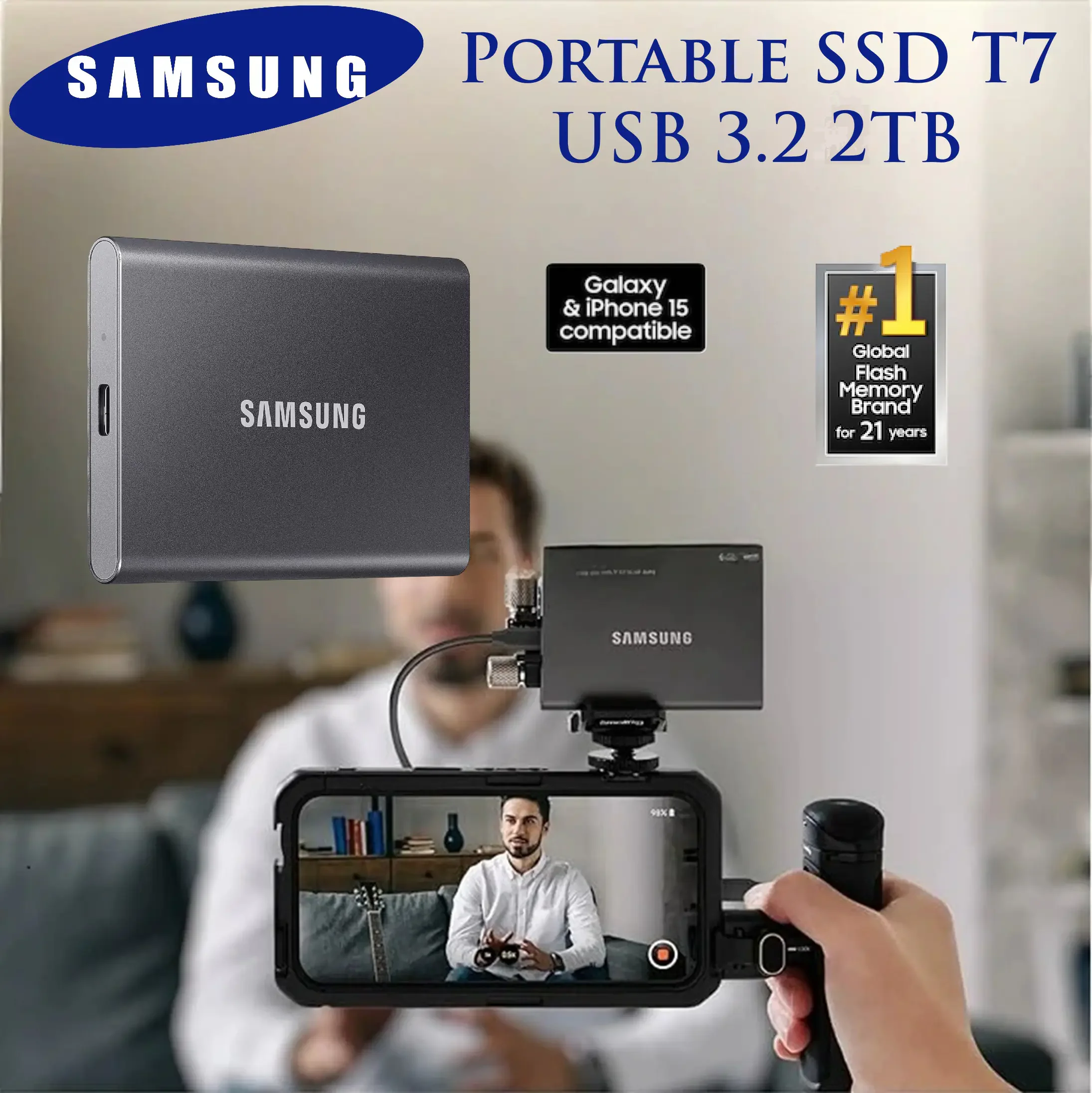 AMSUNG PORTABLE EXTERNAL SSD T7 2TB MU-PC4T0T SAMSUNG PORTABLE EXTERNAL SSD T7 2TB 1050MB/S SAMSUNG T7 Portable SSD, 2TB External Solid State Drive, Speeds Up to 1,050MB/s, USB 3.2 Gen 2, Reliable Storage for Gaming, Students, Professionals | MU-PC2T0T/AM Gray