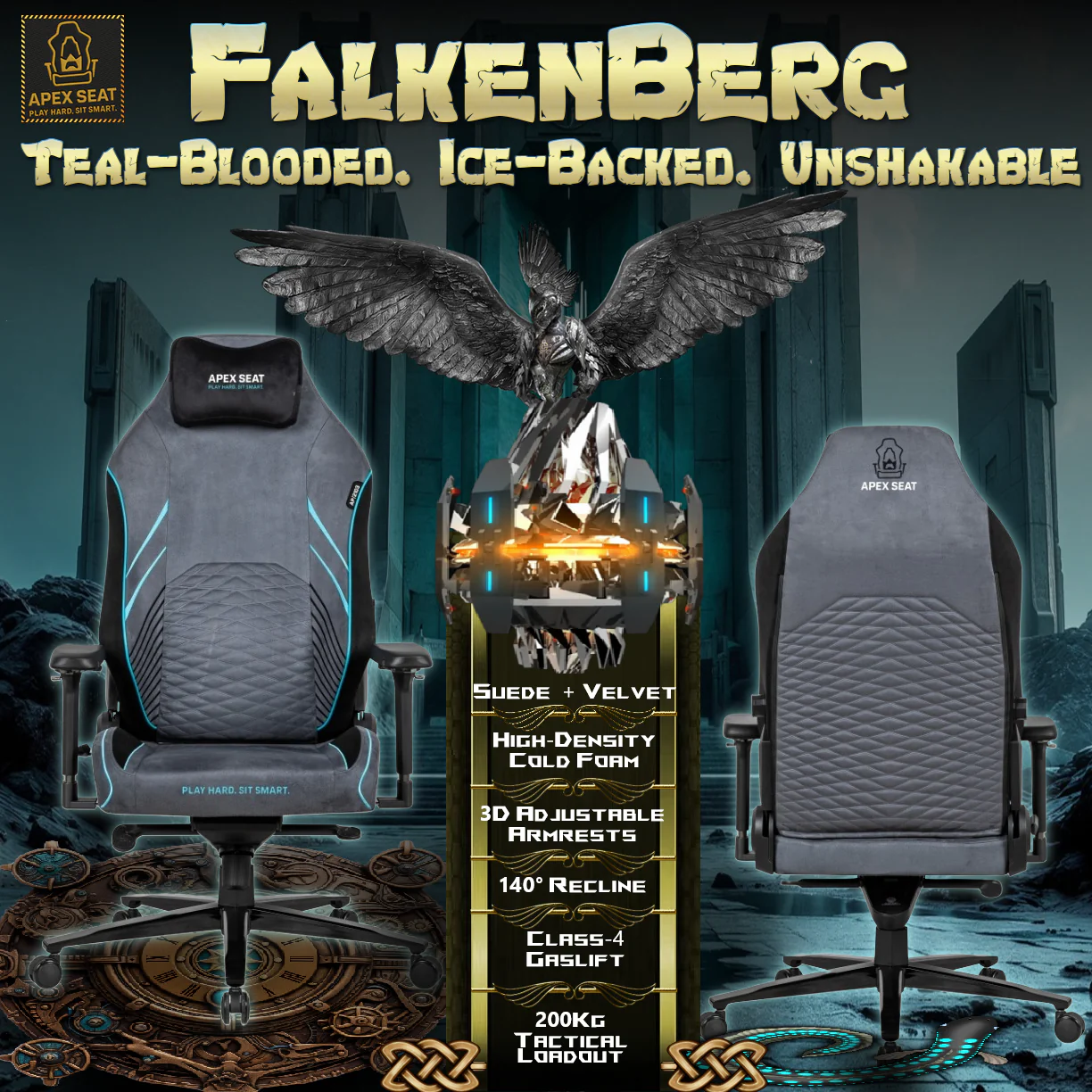 APEX Seat FalkenBerg Gaming Chair - MAIN PROFILE AP-2103 APEX SEAT AP 2103 SUEDE FABRIC & VELVET GAMING CHAIR GREY & TEAL LINE APEX SEAT "FalkenBerg" Ergonomic Gaming Chair With Suede Fabric, 4D Magnetic Armrests, Class 4 Gaslift, Frog Mechanism, Aluminum Base, Magnetic Headrest & 200Kg Capacity , 90°–141° Recline, Lumbar pillow included | Grey with Teal Veins