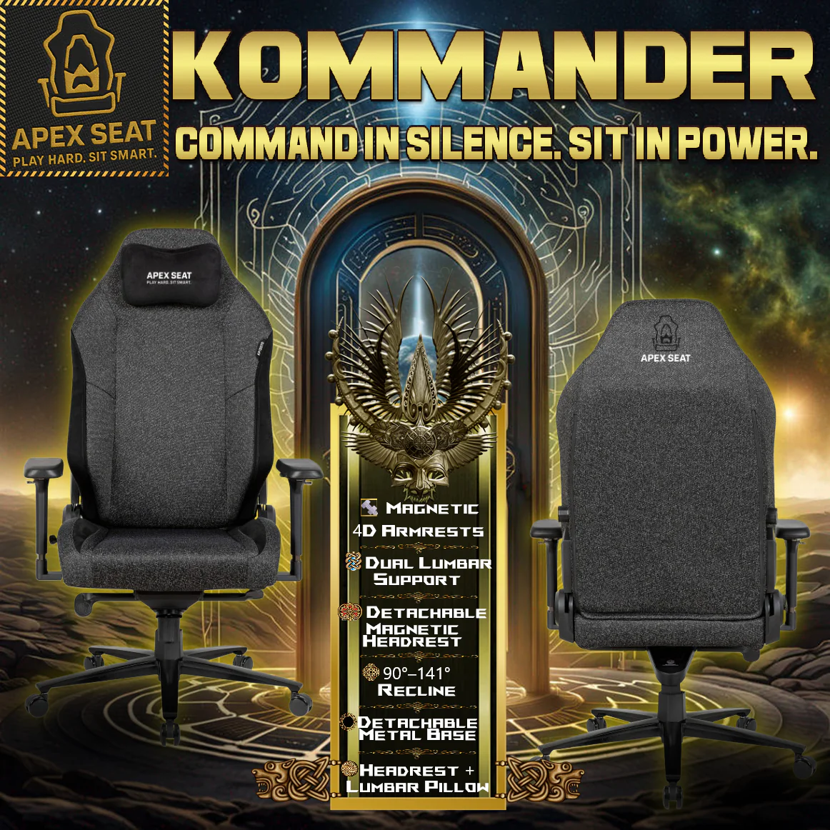 AP-2070 APEX SEAT Kommander FABRIC & SUEDE FABRIC & VELVET GAMING CHAIR FULL BLACK APEX Seat "Kommander" Gaming & Office Chair With Magnetic 4D Armrests, Dual Lumbar Support, Adjustable Frog Reclining Mechanism & Detachable Metal Base | Speckled Charcoal