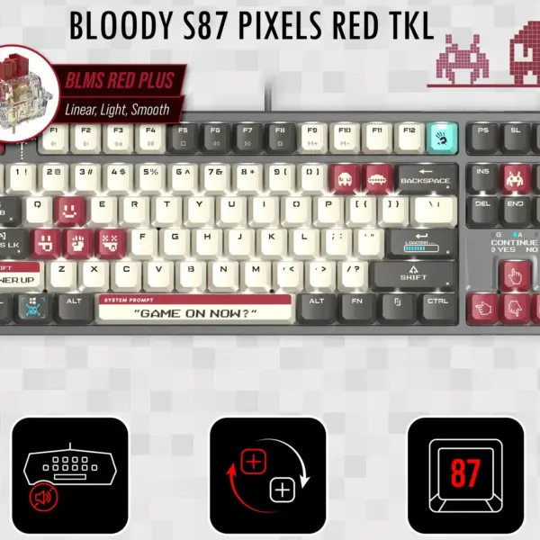 BLOODY S87 PIXELS RED TKL Gaming Keyboard – 87 Keys, RGB, Red BLMS Switch, Hot-Swappable, White Backlit, 4M Onboard Memory, PBT Keycaps, N-Key Rollover, Wired USB