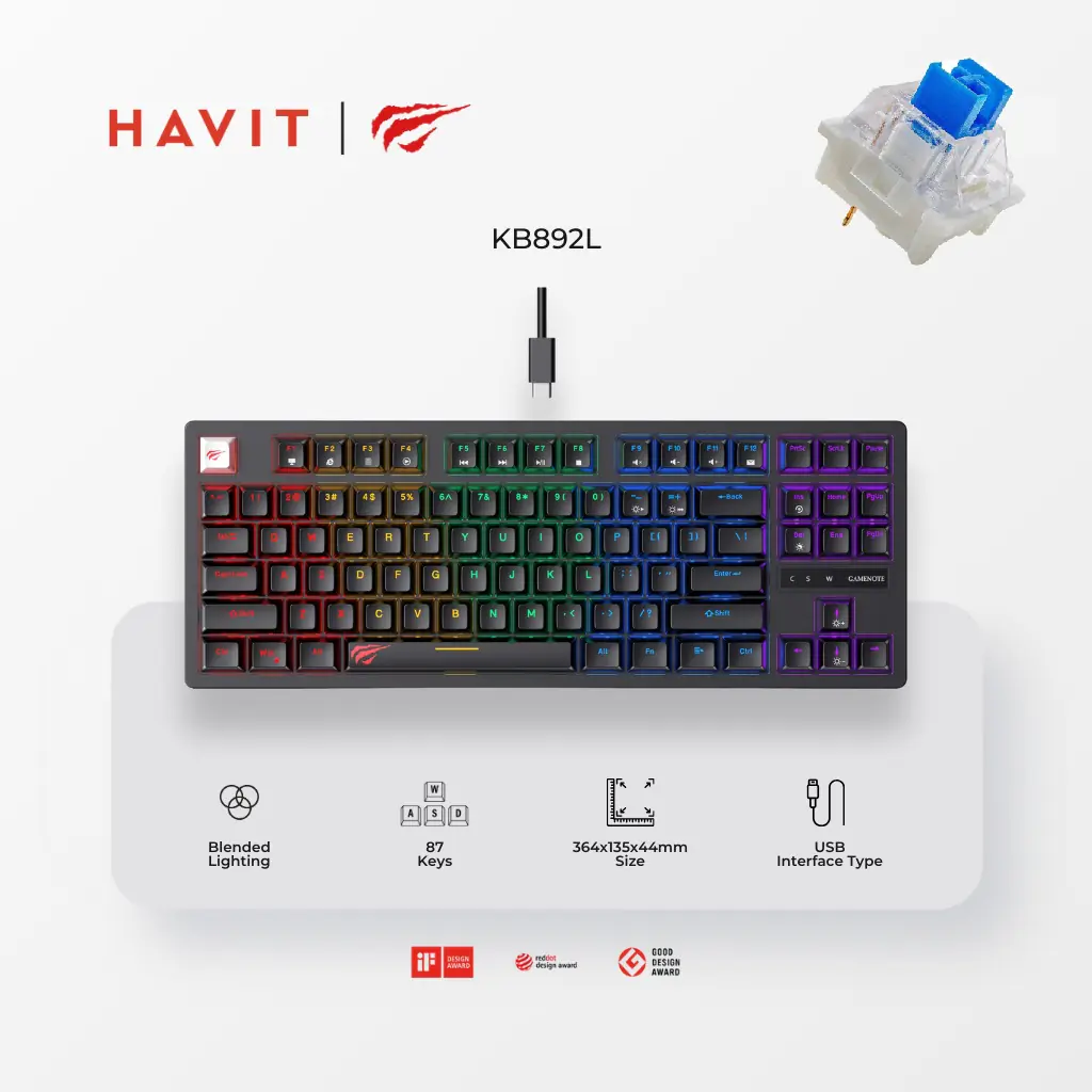 CRE54TR HAVIT KB892L 87-Key RGB Mechanical Gaming Keyboard – Blue Switches, USB Wired, TKL Layout, 50M Keystroke Lifespan, Compact & Ergonomic, 5V 200mA for Pro Performance - Image 1