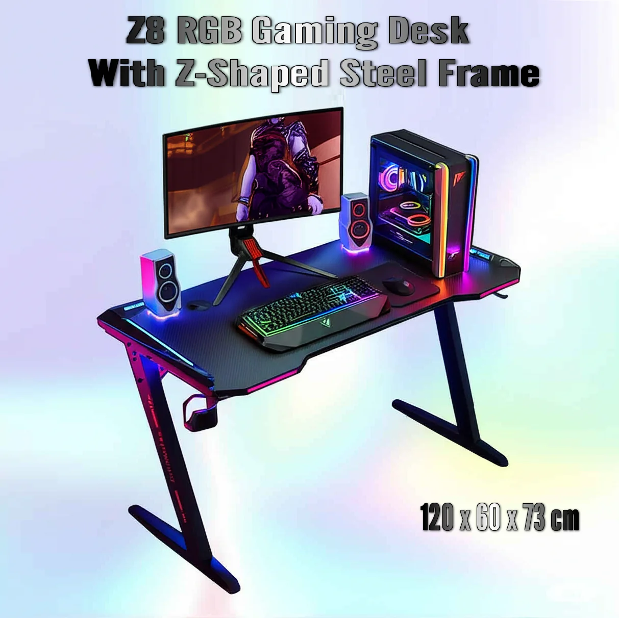 DESK-GMZ8 GAMING DESK Z8 120-60-73cm Z-SHAPED RGB CARBON FIBER BLACK Z8 RGB Gaming Desk  With Z-Shaped Steel Frame, 120CM Carbon Fiber Surface, 4+3 LED Colors, Headset Hook, Cup Holder, ABS Armor, Anti-Pressure Feet – Black & Red