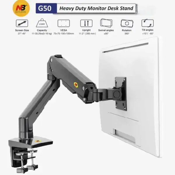 NB G50 ErgoFlex Monitor Desk Mount – Gas Spring Arm for 27"–45" Screens, 16kg Load, 360° Rotation, Tilt +15°/-60°, VESA, USB Extension, Table or Grommet Mount