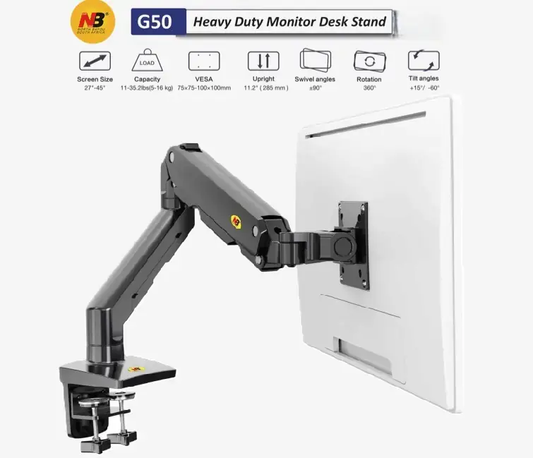 HKR4642 NB G50 ErgoFlex Monitor Desk Mount – Gas Spring Arm for 27"–45" Screens, 16kg Load, 360° Rotation, Tilt +15°/-60°, VESA, USB Extension, Table or Grommet Mount - Image 1