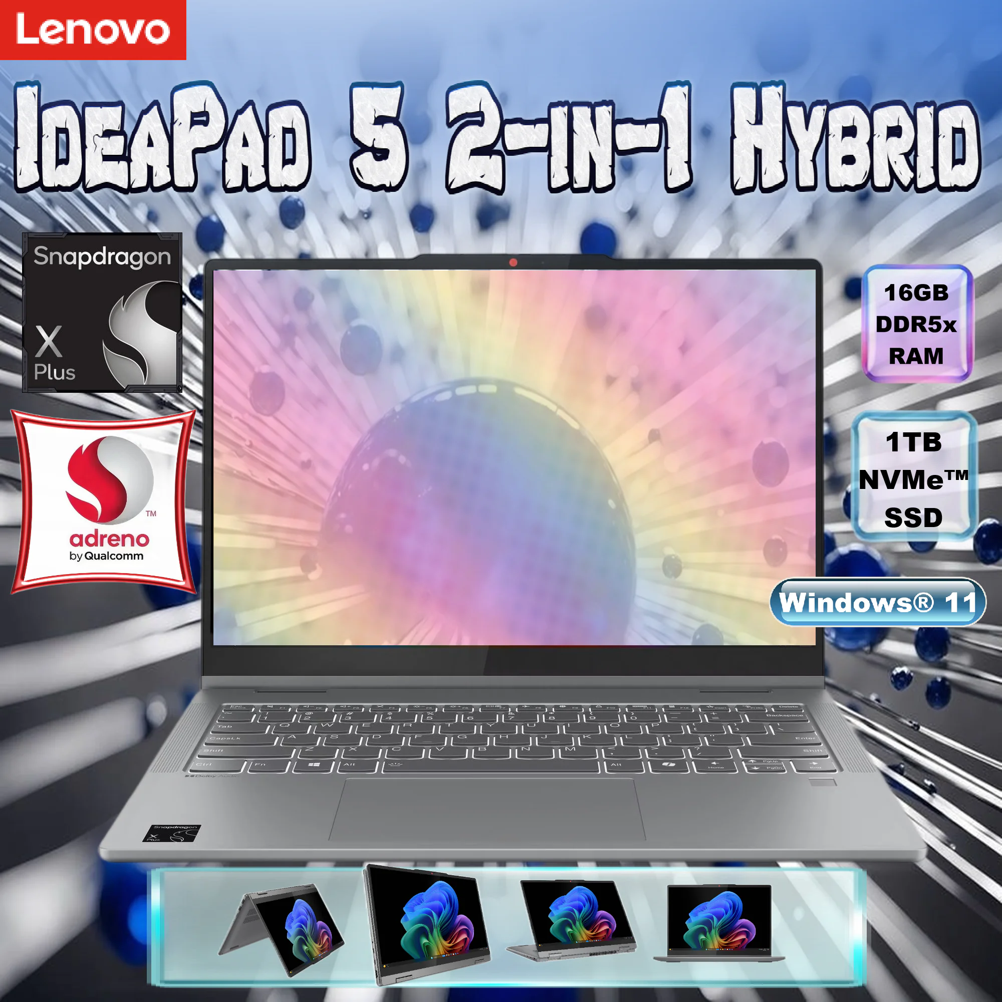 83GH0002US LENOVO IDP 5 2IN1 14Q8X9 SNAPDRAGON X PLUS 8 CORE 16GB / 1TB / 14" / WUXGA / WIN11-NEWOPEN LENOVO IdeaPad 5 2-in-1 14Q8X9 Snapdragon® X Plus | 16GB DDR5x RAM ; 1TB SSD NVMe® | 14" WUXGA OLED Touchscreen | Qualcomm® Adreno™ GPU | Backlit Keyboard | Windows® 11 | Luna Grey