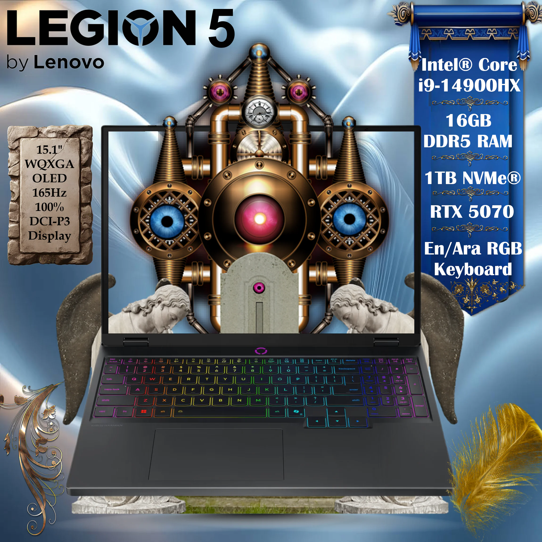 83LY00DKDP LENOVO LEGION 5 15IRX10 I9-14900HX 16GB / 1TB / 5070 / 15.1" / WQXGA / DOS-ECLIPSE-BLACK LENOVO AI-Powered Legion 5 15IRX10 Intel® Core i9-14900HX | 16GB DDR5 RAM , 1TB NVMe® SSD | RTX 5070 ; 8GB | 15.1" WQXGA (2560x1600) OLED 165Hz 100% DCI-P3 Display | 24-Zone RGB Backlit English Arabic Keyboard | DOS | Eclipse Black