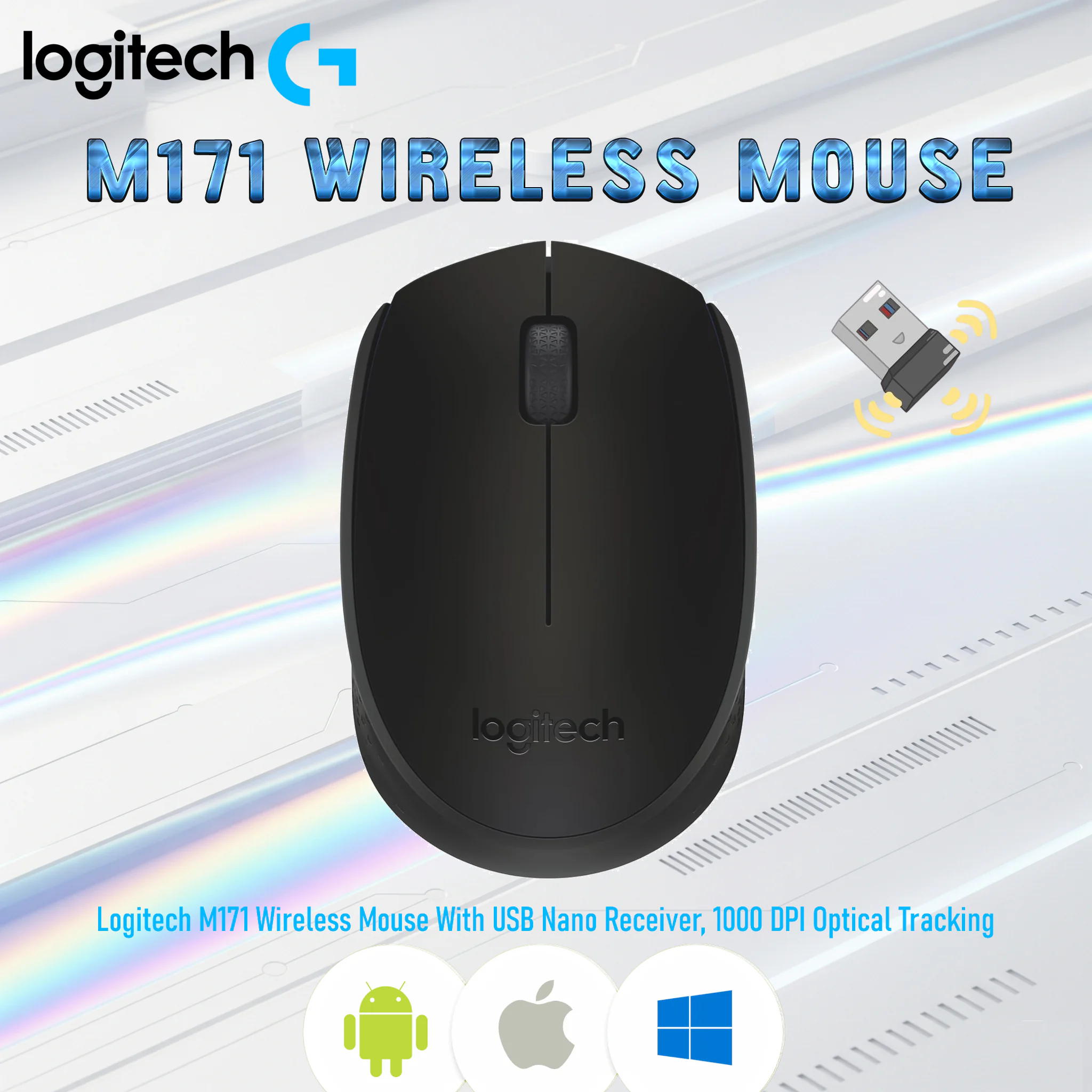 910-004643 LOGITECH MOUSE M171 WIRELESS BLACK Logitech M171 Wireless Mouse With USB Nano Receiver, 1000 DPI Optical Tracking, 12-Month Battery Life, Ambidextrous Design For Windows - macOS - ChromeOS, Linux | Grey/Black