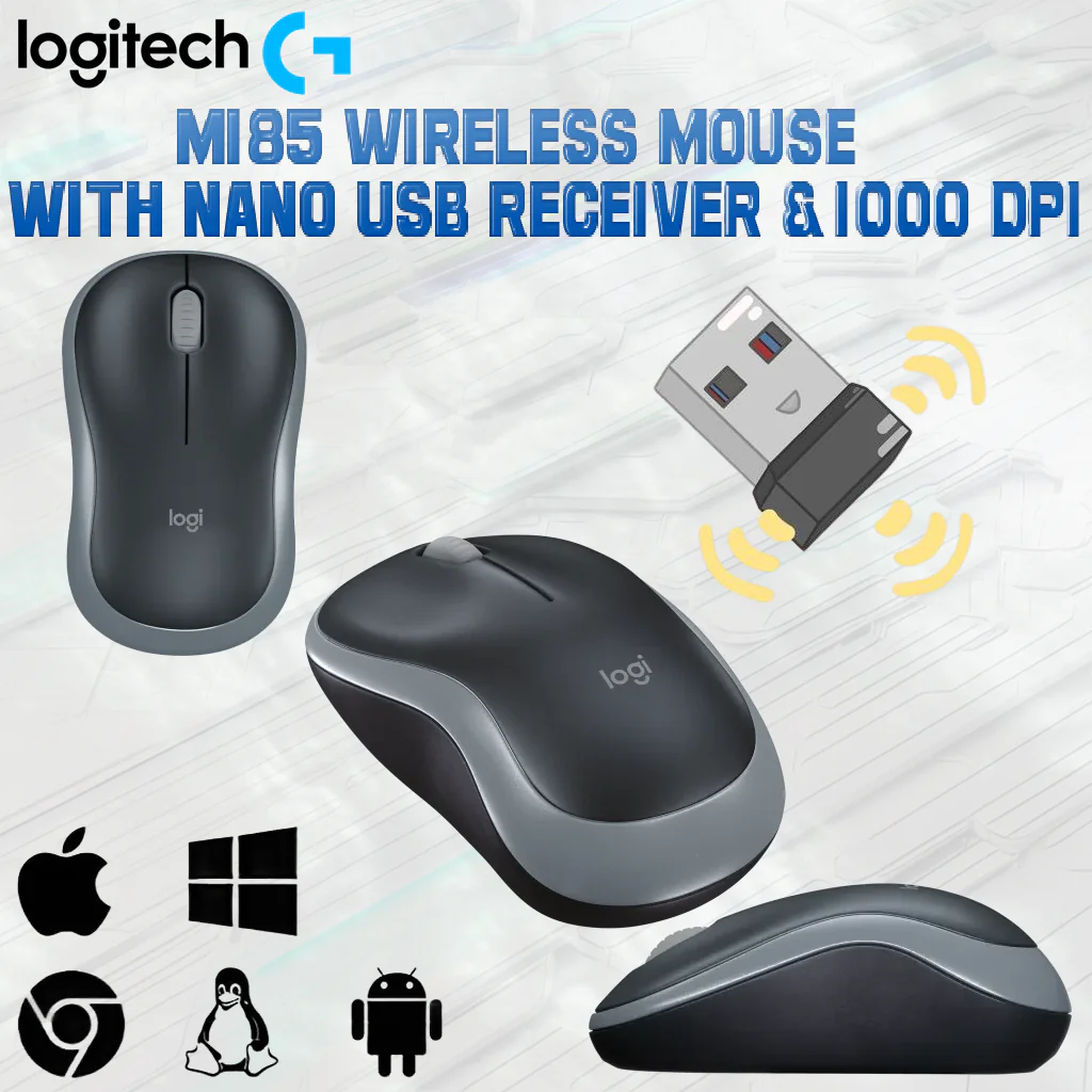 910-002252 LOGITECH MOUSE M185 WIRELESS Logitech M185 Wireless Mouse, 2.4GHz Nano USB Receiver, 1000 DPI Optical Tracking, Ambidextrous Design, Compatible with Windows, macOS, ChromeOS, and Linux | Swift Grey