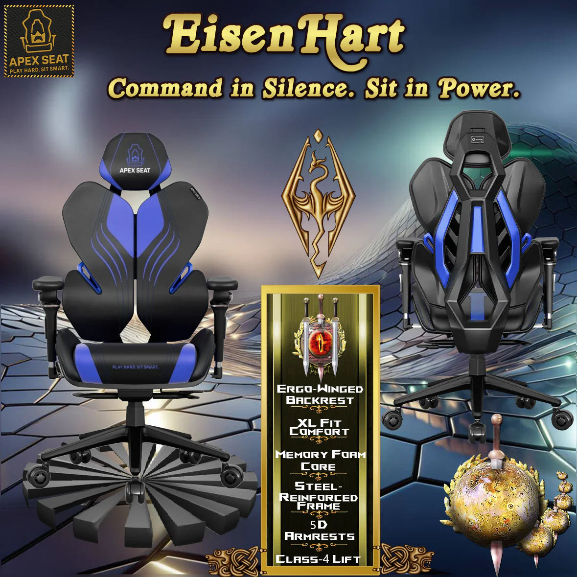 AP6-2025-BLACK.BLUE APEX SEAT EisenHart IMITATION CASHMERE & LEATHER GAMING CHAIR BLACK BLUE  APEX SEAT EisenHart  Gaming Chair With 5D Chrome Armrests, Weight-Activated Recline, Customizable Multi-Tilt & Height , PU Casters, Matte Aluminum Base, Cashmere Leather Finish | Black with Indigo Accents AP6-2025