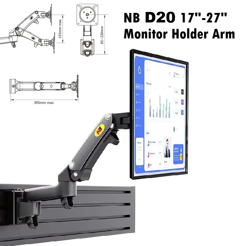 NB D20 Monitor Wall Mount Arm – 17"–27" Display Support, 360° Rotation, Tilt +35°/-50°, 2–7kg Load, Partition Wall Gas Strut Monitor Mount , VESA 75/100mm, Cable Management, Aluminum Steel Build