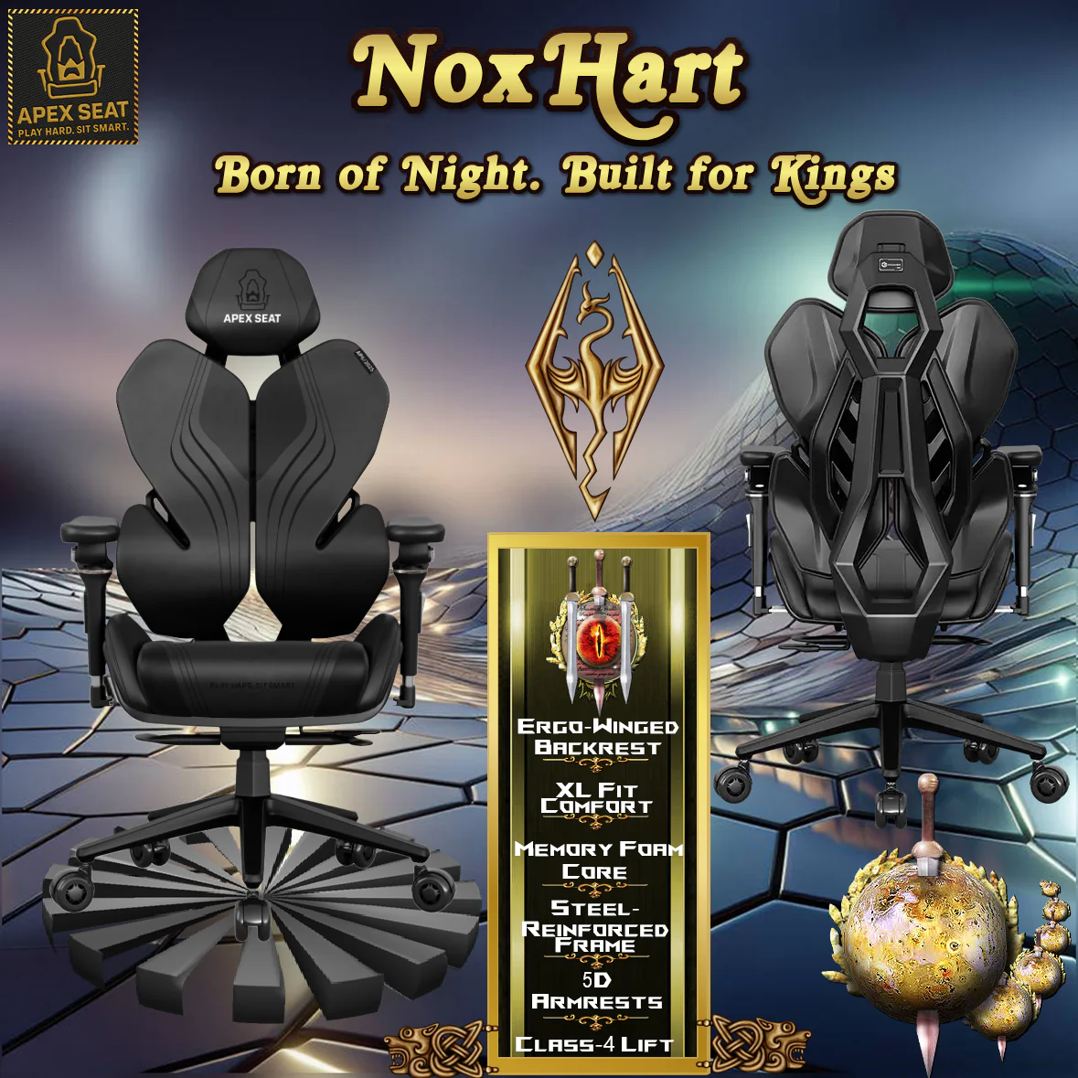 AP6-2025-FULLBLACK APEX SEAT NoxHart  IMITATION CASHMERE & LEATHER GAMING CHAIR FULL BLACK APEX SEAT NoxHart  Gaming Chair With 5D Chrome Armrests, Weight-Activated Recline, Customizable Multi-Tilt & Height , PU Casters, Matte Aluminum Base, Cashmere Leather Finish | Full Black AP6-2025