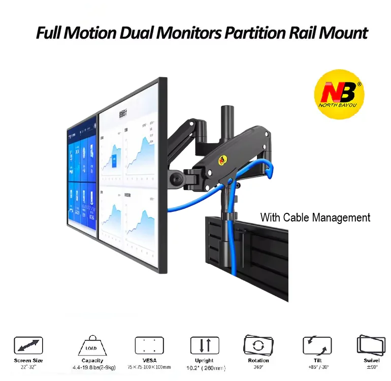 NB D22 Dua Monitor Wall Mount Arm – 22"–32" Support, 12Kg Load, ±180° Swivel, 360° Rotation, +85°/-30° Tilt, 530mm Reach, VESA 75x75/100x100, Aluminum Alloy Build, Black | NB-D22 NB M80 Dual Monitor Holde r Ergonomic 22-32" LCD LED Screen Slot Mount Bracket Load 2-12kgs Each Arm (Color : Black)