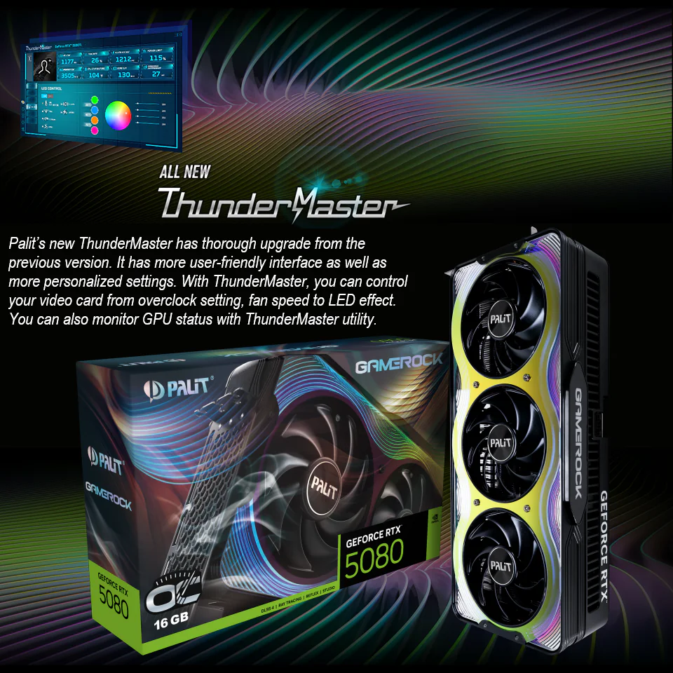 PALIT GeForce RTX™ 5080 GameRock OC-sdhgashfd4372457- NE75080T19T2-GB2030G PALIT GAMEROCK RTX 5080 OC 16GB 3XFANS Palit GeForce RTX 5080 GameRock OC 16GB GDDR7 With DLSS 4, ARGB Sync Evo, Vapor Chamber, TurboFan 4.0, PCIe 5.0, 2730 MHz Boost Clock & AI Ray Tracing Technologies