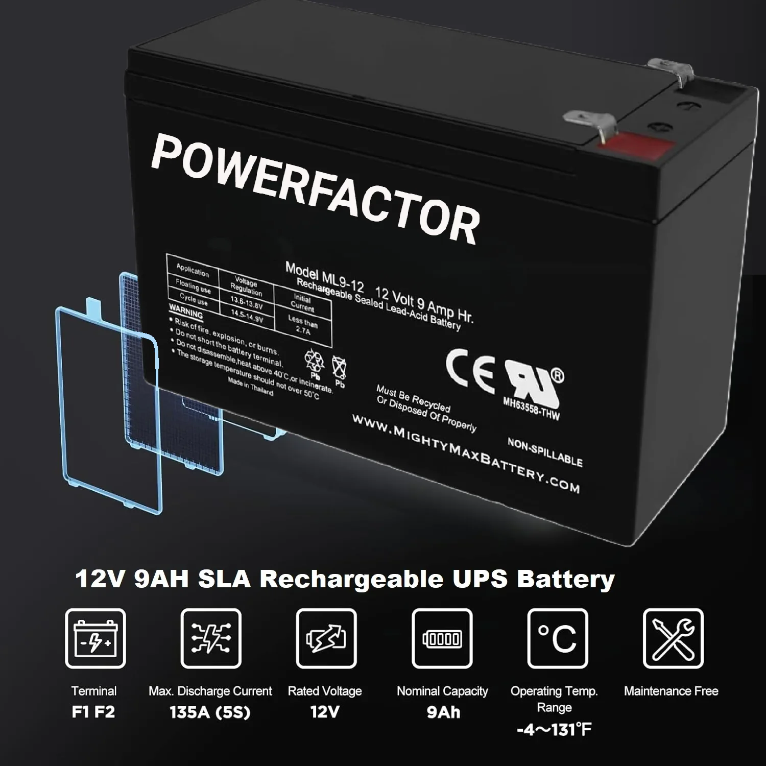UPS-BAT-POWERFAC-9A UPS BATTERY POWER FACTORY 12V 9A POWERFACTOR UPS Battery 12V 9AH ACID Rechargeable Replacement Battery with T2 Terminal for UPS Back Up  , Electric Scooter, Emergency Lighting, Wheel Chair, and More