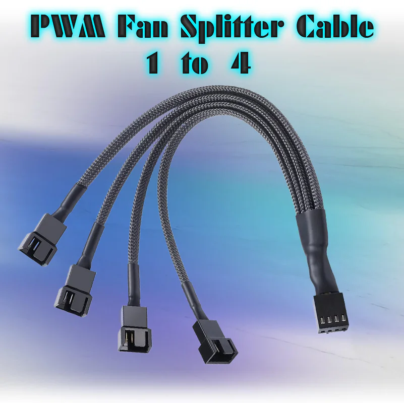 FAN-SPLITTER BLACK FAN SPLITTER 1 TO 4 PWM Fan Splitter Cable 1-To-4 Black Mesh Sleeved – 4-Pin Female To 4x 4-Pin Male Connectors – 10 Inch Extension – Supports RPM Signal On One Fan – Compatible With 3-Pin & 4-Pin Fans