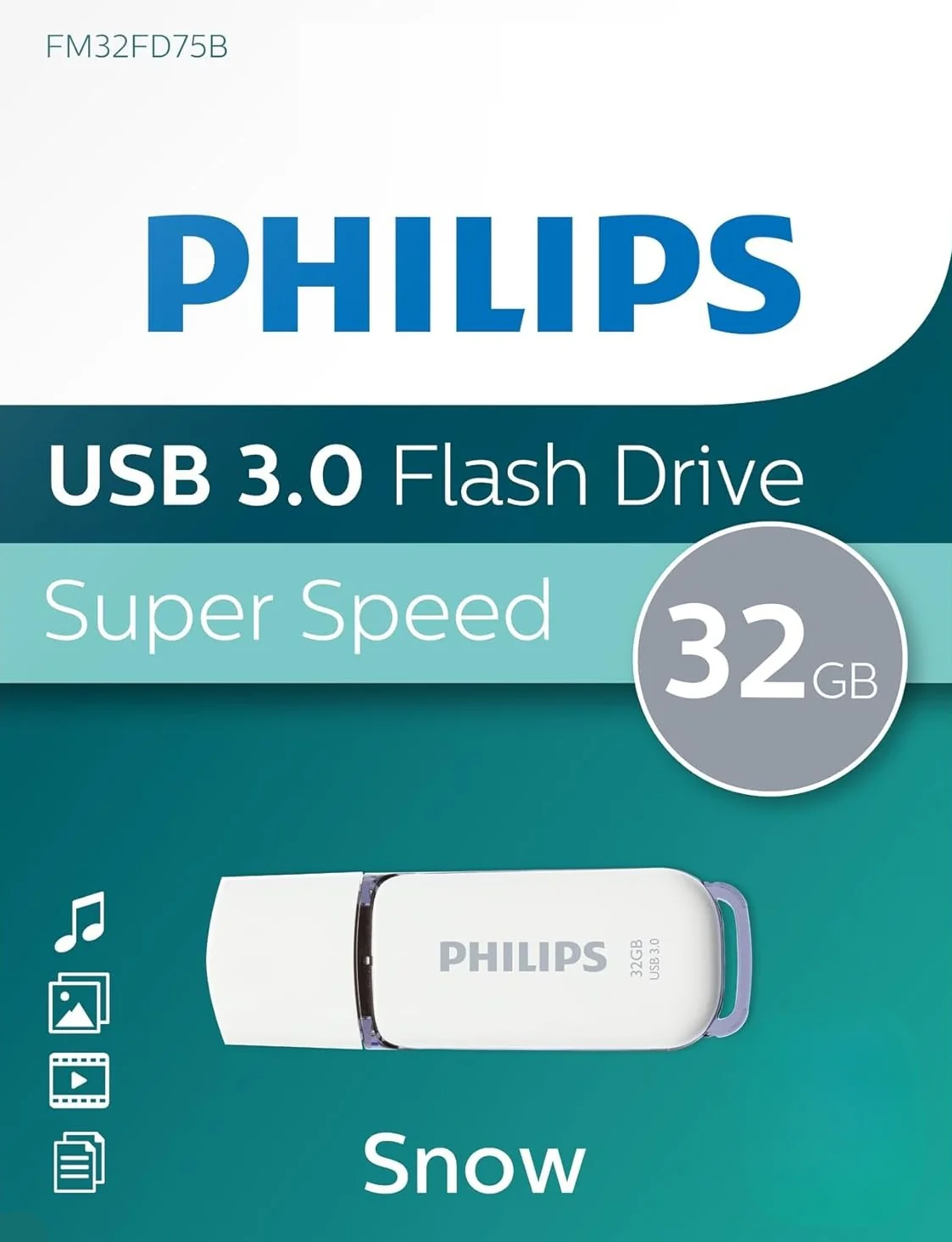 Philips 32 GB Storage capacity for large data files FM32FD75B/97 USB PHILIPS 32GB 3.0 SNOW WHITE PHILIPS 32GB USB Flash Drive With USB 3.0, LED Activity Light, Plug-And-Play, Trendy Snow Edition Design, Multi-OS Support, High-Speed File Transfers | FM32FD75B/97