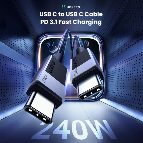 UGREEN 240W USB-C to USB-C Cable 2M – PD 3.1 Fast Charging, Nylon Braided, E-Marker Chip, 480Mbps Data Transfer, Compatible with MacBook, iPhone 16, Galaxy, iPad Pro