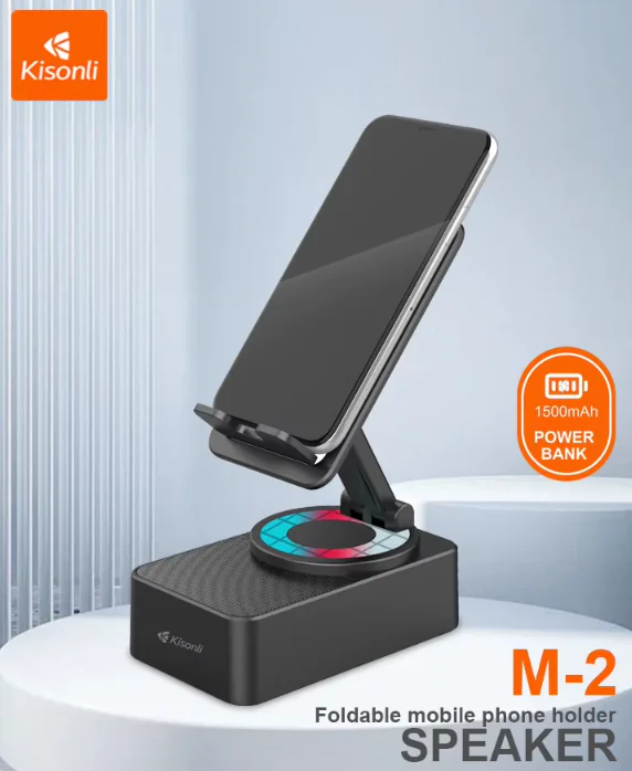 KISONLI M2 3-in-1 Wireless Bluetooth Speaker with 2000mAh Power Bank & 360° Phone Holder – Portable, 3W Audio, USB Charging, ABS Body, Black