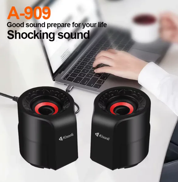 KISONLI A-909 USB 2.0 Stereo Wired Speaker – Dual 3W Drivers, AUX + USB Input, Compact Plastic Build, 5V Power, 4Ω Impedance, Plug & Play, Black