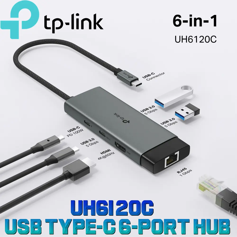 UH6120C TPLINK UH6120C USB TYPE-C 6-PORT HUB 4K 60Hz 100W RJ45 USB-A/C TP-Link UH6120C USB C Hub PD100W, 4K 60Hz HDMI, 1× USB C 5Gbps, 2× USB A 5Gbps, Gigabit Ethernet, Compatible with MacOS, Windows, Linux, iPad OS, iOS, Android, ChromeOS, Nintendo