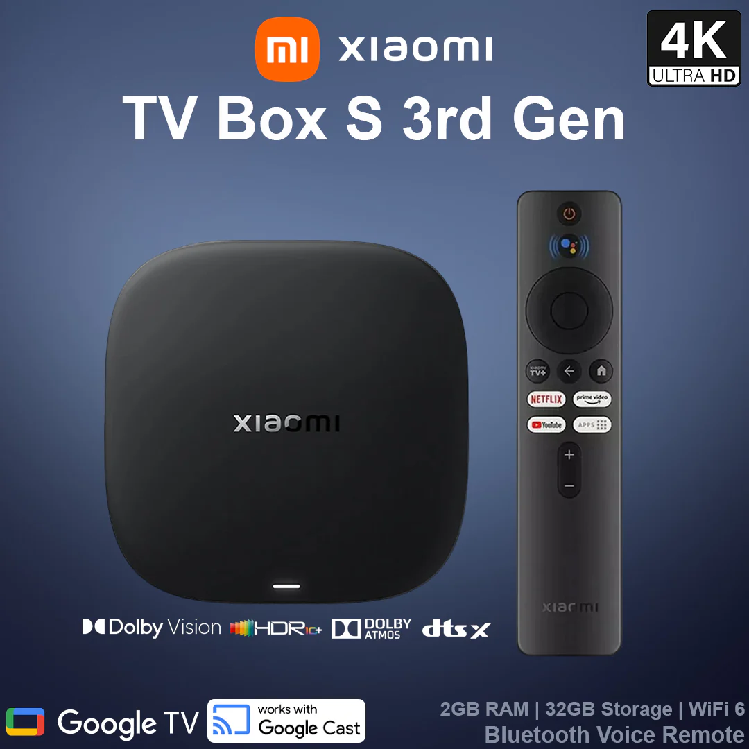 PFJ4191EU XIAOMI TV BOX S 4K GEN 3 Xiaomi TV Box S (3rd Gen) With 4K UHD, Dolby Vision, Wi-Fi 6, Google TV, 2GB RAM, 32GB Storage, DTS:X Audio, 360° Bluetooth Voice Remote, Quad-Core 2.5GHz CPU 