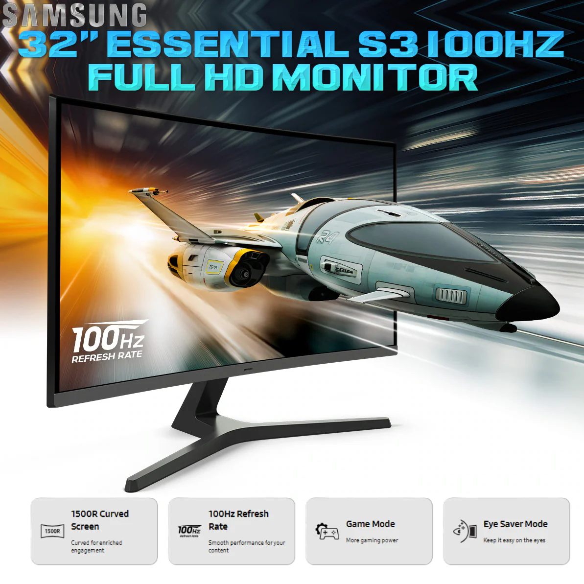 Samsung 32" Essential S3 Curved Full HD Monitor With 1500R VA Panel, 100Hz Refresh Rate, Game Mode, Eye Saver, HDMI, D-Sub, Tilt Stand, TÜV Certified Comfort