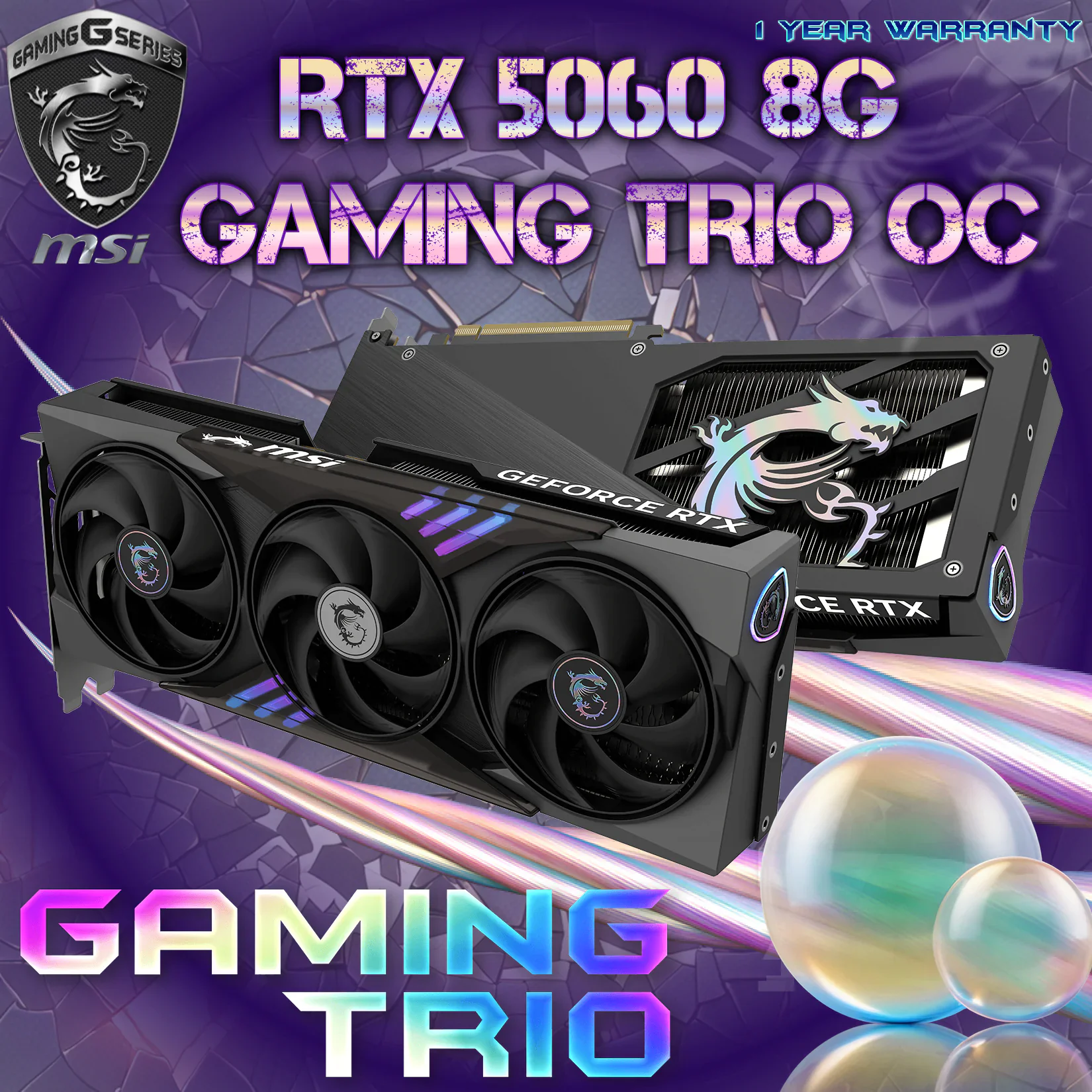 dsgsdg-- MSI-GeForce-RTX™-5060-8G-GAMING-TRIO-OC 912-V537-047 MSI NVIDIA GEFORCE RTX 5060 8GB GDRR7 GAMING TRIO OC 3xFAN BLACK 6 MONTH WRTY MSI GeForce RTX 5060 8G Gaming Trio OC With DLSS 4, GDDR7, PCIe 5.0, TRI FROZR 4 Cooling, HDMI 2.1b, DisplayPort 2.1b, 155W TDP, 2640 MHz Boost, RGB Backplate | 6 MONTH WRTY