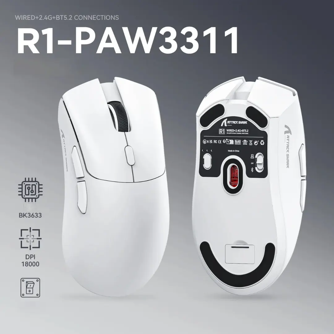 ATTACK SHARK R1 White Tri-Mode Gaming Mouse | 49g Superlight, 800–18000 DPI, PAW3311 Sensor, 200h Battery, USB-C, BT5.2, RGB, HUYU Switches, TTC Encoder, Self-Developed Driver