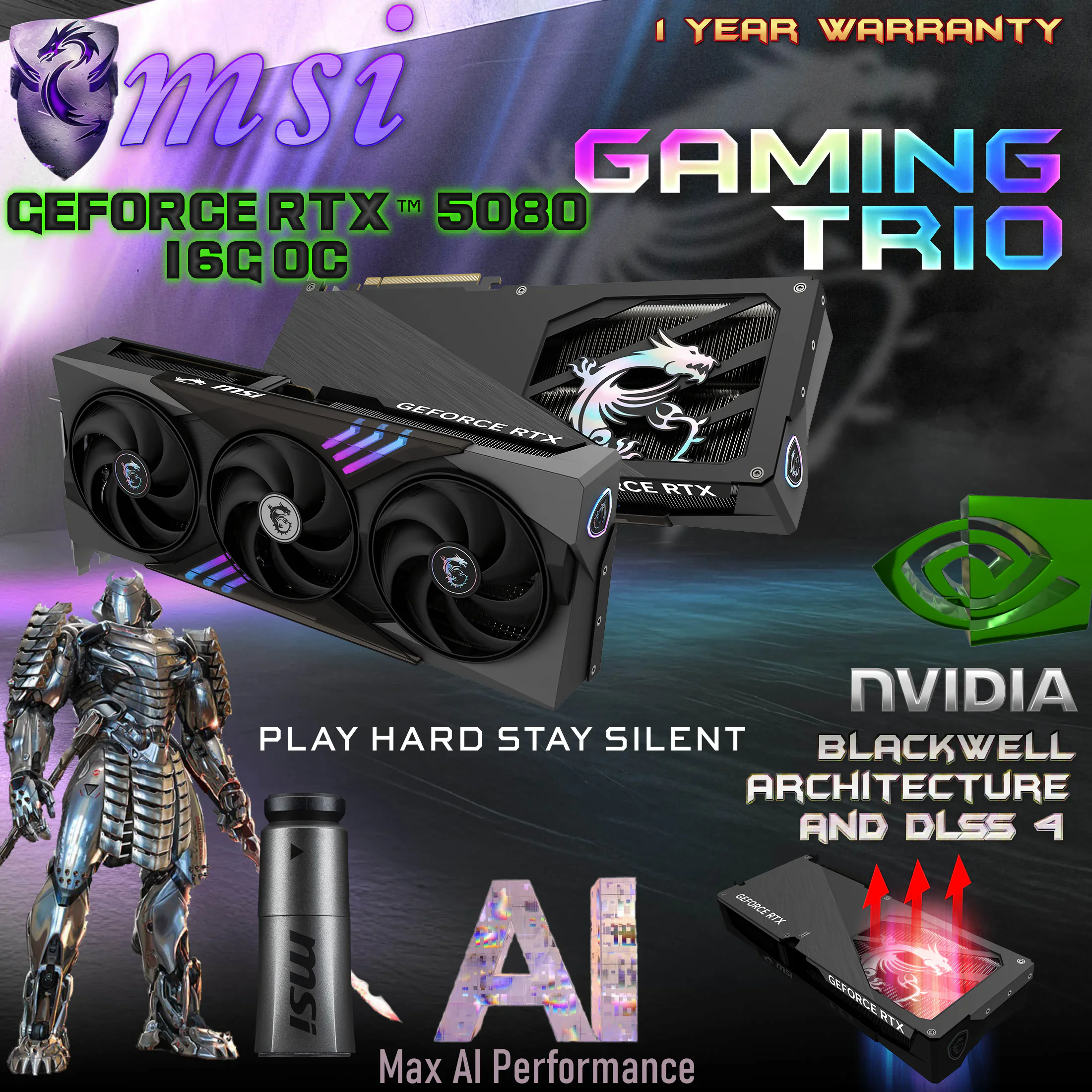 fhddf--- MSI-GeForce-RTX™-5080-16G-GAMING-TRIO-OC 912-V531-015 MSI NVIDIA GEFORCE RTX 5080 16GB GDDR7 GAMING TRIO OC BLACK 6 MONTH WRTY MSI GeForce RTX 5080 16G GAMING TRIO OC Graphics Card With 16GB GDDR7, DLSS 4, PCIe Gen 5, 2715 MHz Extreme + 10,752 CUDA® , TRI FROZR 4 Cooling, Dual BIOS, Afterburner & AI-Tuned MSI Center | 6 MONTH WRTY CUDA® Cores 10,752 CUDA®