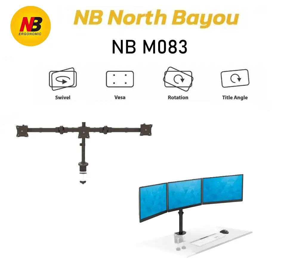 North Bayou M083-NB Vertical Monitor Arm for 3 Screens up to 27" – Space-Saving, Full Motion Adjustment, Cable Management, Heavy-Duty Steel – Black