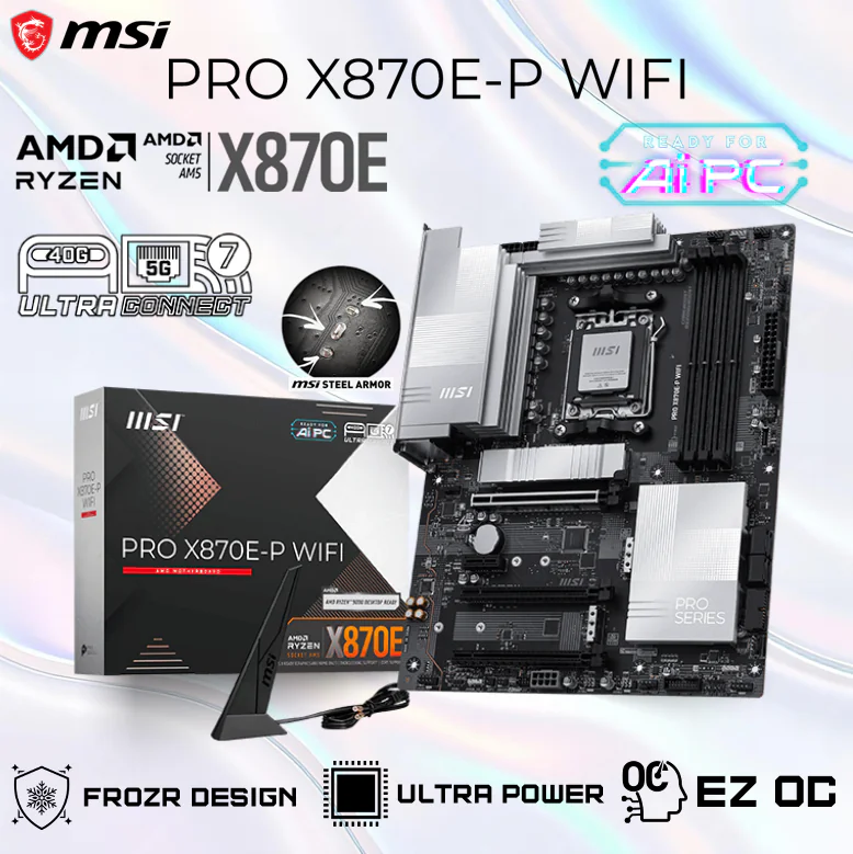 msi PRO X870E-P WIFI amd am5 motherboard 911-7E70-002 MSI PRO X870E-P WIFI DDR5 AM5 MOTHERBOARD MSI PRO X870E-P WIFI AM5 Motherboard With 14+2+1 VRM, DDR5 8200+ OC, USB4 40Gbps, Wi-Fi 7, PCIe 5.0, Triple M.2 Gen 5/4, 5G LAN, AI Boost, Audio Boost & Mystic Light RGB, Supports AMD Ryzen 9000 / 8000 / 7000 Series