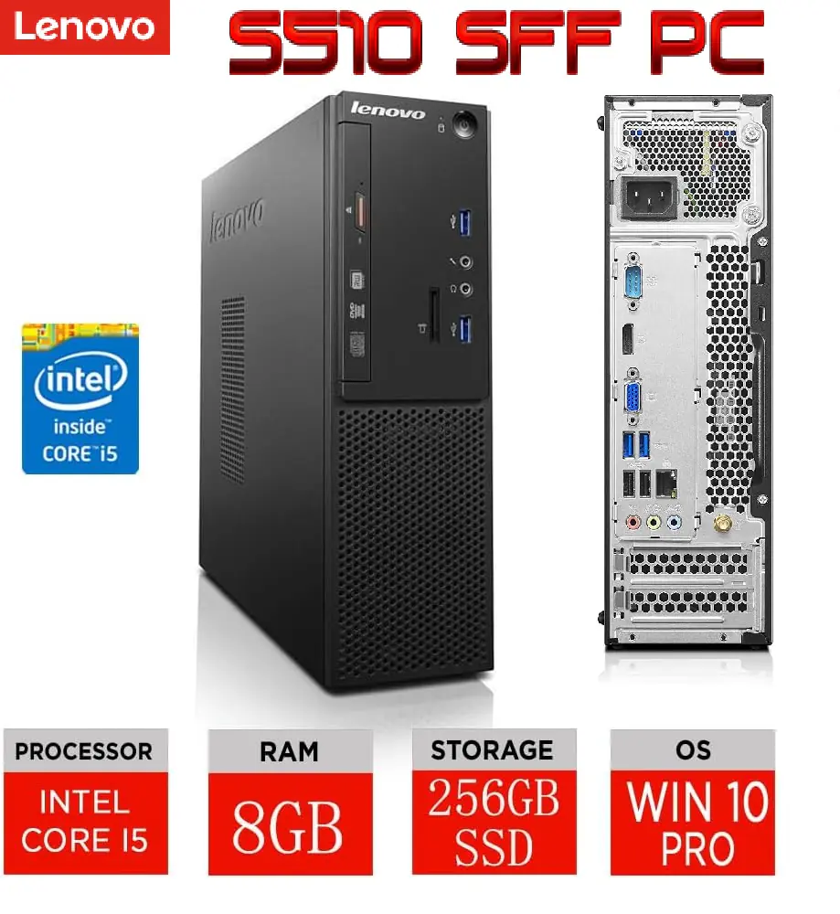 oTT67F LENOVO-S510-SFF LENOVO S510 SFF I5-6TH 8GB 256GB BLACK "USED" Lenovo S510 SFF PC With Intel® Core™ i5-6400, 8GB DDR4 RAM, 256GB SSD, Intel® HD Graphics 530, Windows 10 Pro, 180W PSU, DVD±RW, Card Reader, Gigabit LAN, Black