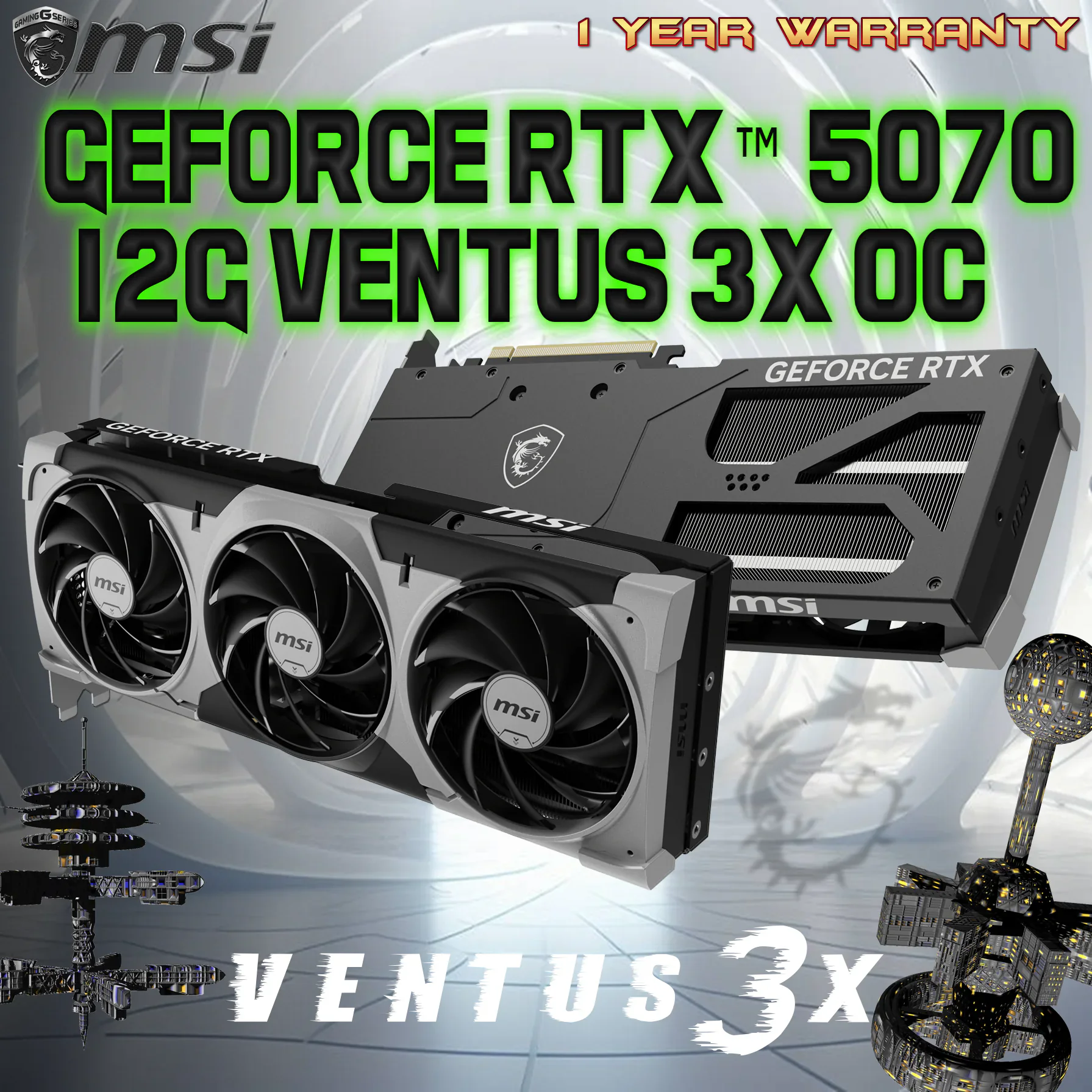 sdg-- msi-GeForce-RTX™-5070-12G-VENTUS-3X-OC 912-V532-210 MSI NVIDIA GEFORCE RTX 5070 12GB GDDR7 VENTUS 3X OC BLACK MSI GeForce RTX 5070 12G VENTUS 3X OC 192-bit Graphics Card With DLSS 4, 12GB GDDR7, PCIe Gen 5, 2557 Extreme Performance, TORX Fan 5.0, Triple-Fan Cooling, SFF Ready, Dual BIOS & Metal Backplate | 6 MONTHS WARRANTY