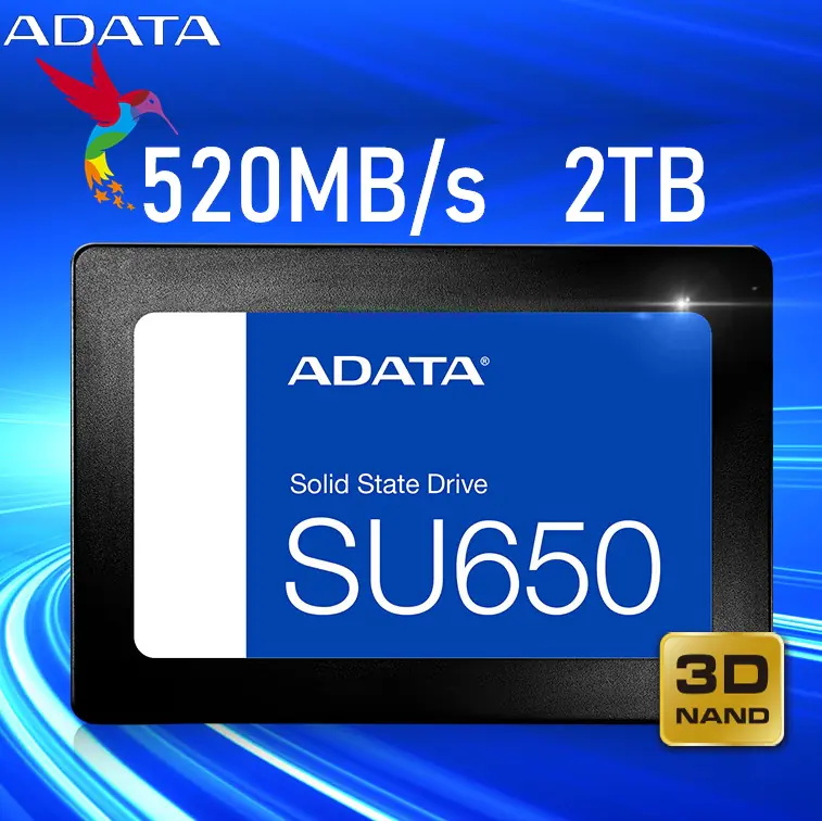 su650_1920x648_0628 ASU650SS-2TT-R ADATA SU650 2TB 520MB/s 2.5" SATA 6GB/s SSD ADATA SU650 256GB SSD With 3D NAND, SATA 6Gb/s, Up To 520MB/s Read, 450MB/s Write, SLC Caching, ECC Support, SSD Toolbox & Cloning Utility IncludedÂ