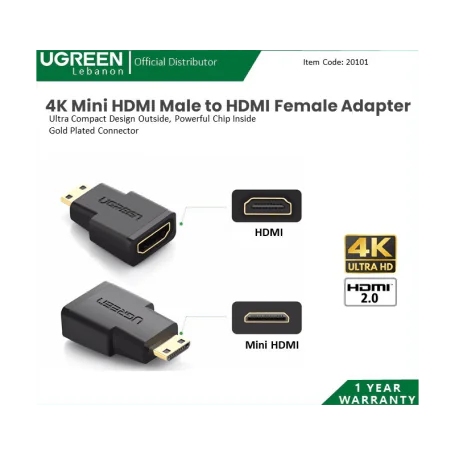 UGREEN Mini HDMI Male to HDMI Female Adapter 20101 – 4K/1080p Support, 24K Gold-Plated, Oxygen-Free Copper, Portable Design for Camera, Tablet, Ultrabook