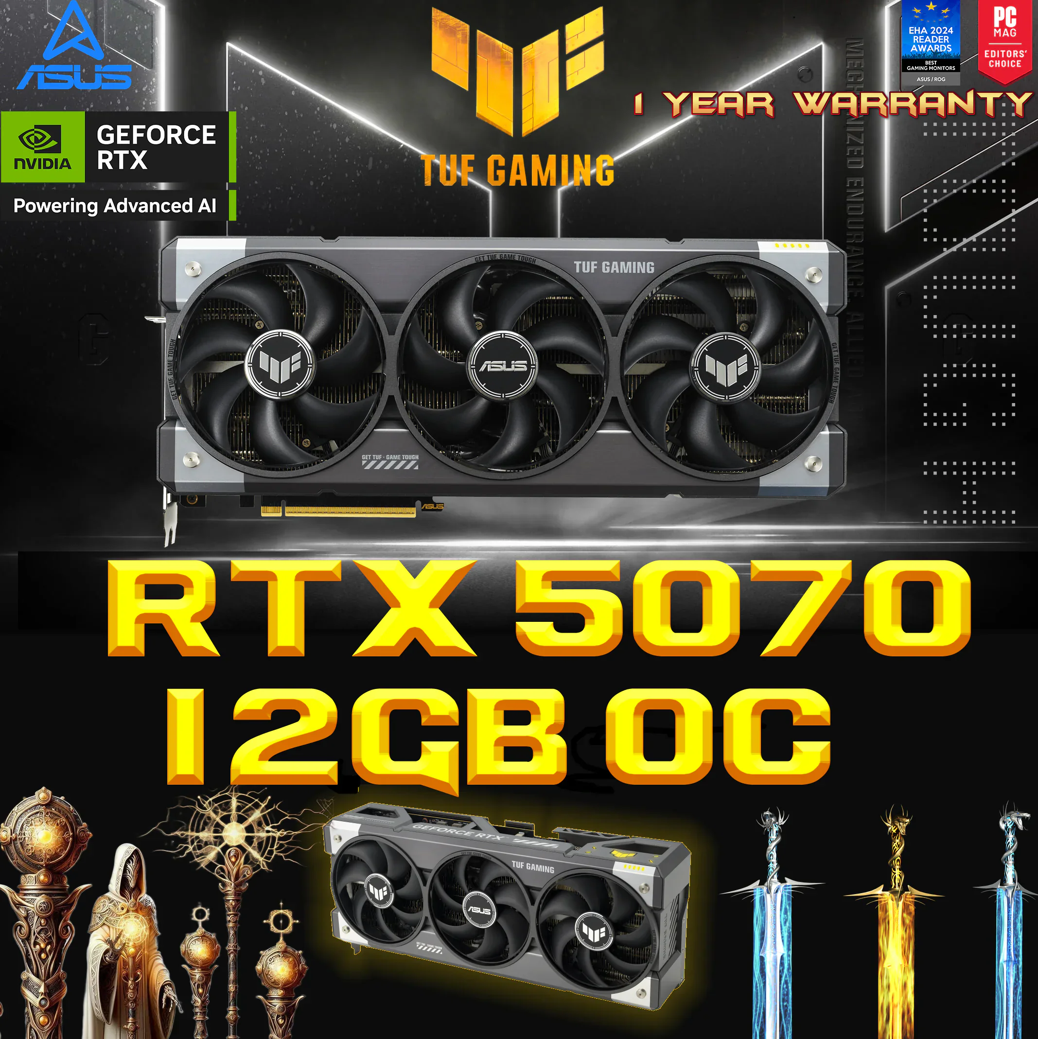 ww-- ASUS-TUF-Gaming-GeForce-RTX™-5070-12GB-GDDR7-OC-Edition 90YV0LZ0-MVAA00 ASUS TUF RTX 5070 GAMING 12GB 3X FANS ASUS TUF Gaming GeForce RTX ™ 5070 12GB GDDR7 OC Edition Gaming Graphics Card (PCIe® 5.0, HDMI®/DP 2.1, 3.125-slot, Military-Grade Components, Protective PCB Coating, axial-tech Fans) ASUS TUF Gaming GeForce RTX 5070 OC 12GB GDDR7 Graphics Card With AI DLSS 4, Ray Tracing, Military-Grade Components, Triple Axial-Tech Fans, & Dual BIOS Modes
