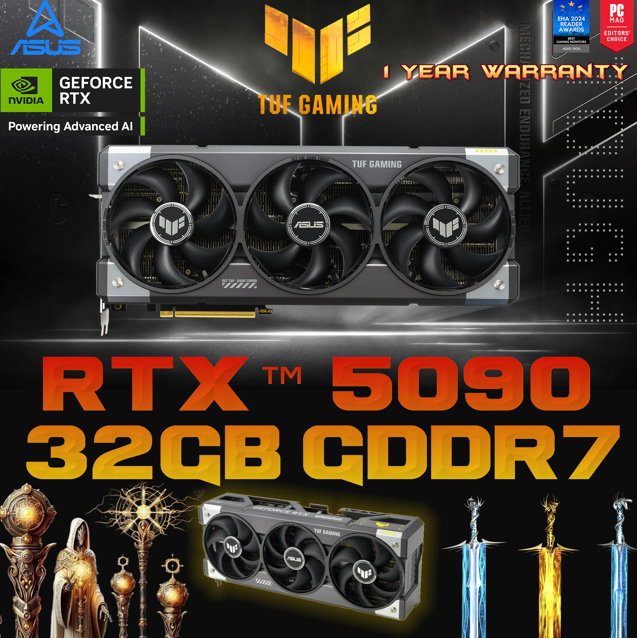 90YV0LY1-MVAA00 ASUS TUF RTX 5090 GAMING OC 32GB ASUS TUF Gaming GeForce RTX ™ 5090 32GB GDDR7 Gaming Graphics Card (PCIe® 5.0, HDMI®/DP 2.1, 3.6-Slot, Military-Grade Components, Protective PCB Coating, axial-tech Fans, Vapor Chamber)