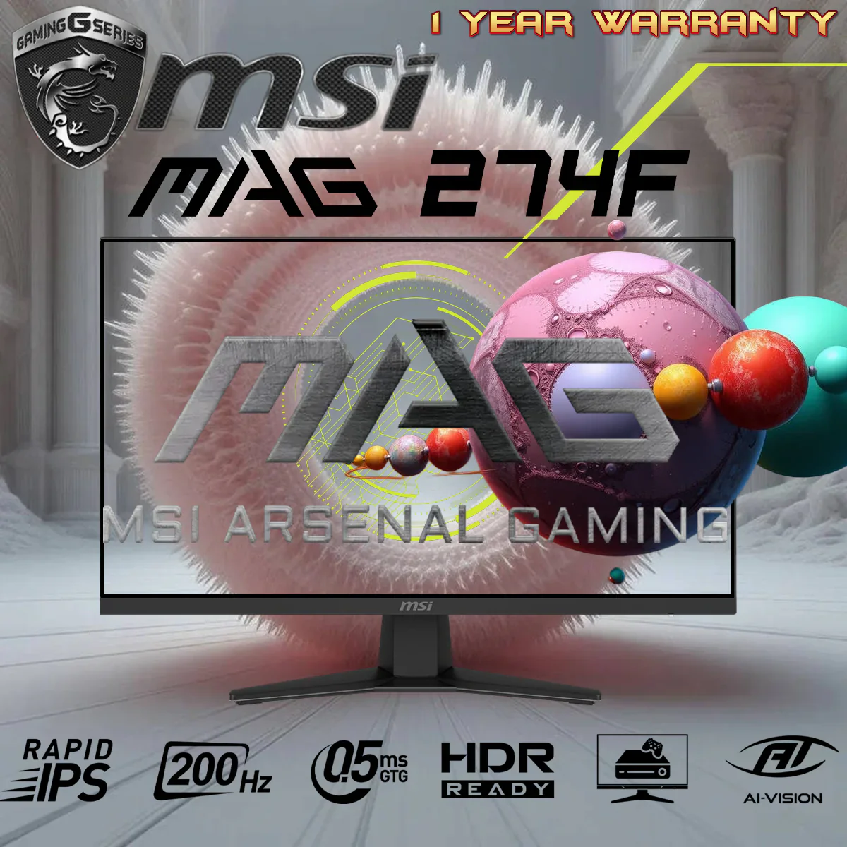 274F MSI MAG 274F 27-Inch FHD Rapid IPS Gaming Monitor – 200Hz Refresh Rate, 0.5ms Response Time, HDR Ready, AI Vision, Adaptive Sync, True 10-Bit Color Depth, Console & VRR Support, HDMI 2.0b, DP 1.2a, Tilt-Adjustable